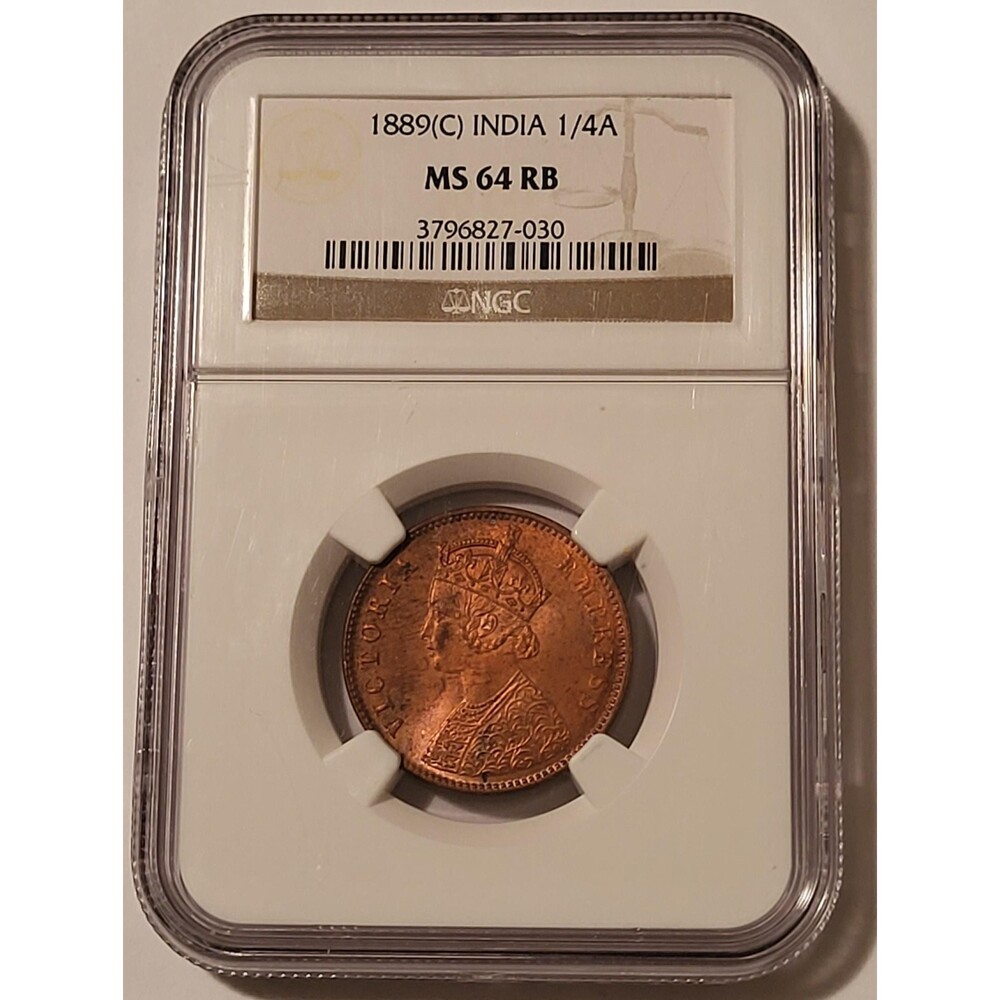 India - British Victoria 1889 (C) 1/4 Anna MS64 RB NGC